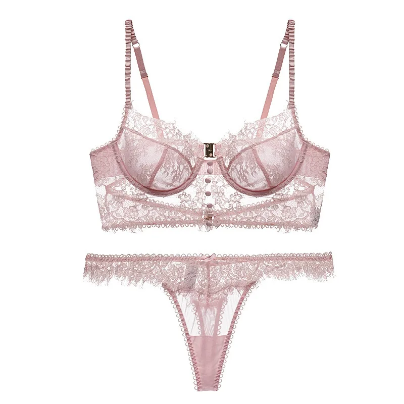 French Lace Eyelash Ultra Thin Bra Set with Thong Underwear Women Sexy Summer Langeri Lace Lingerie Sutia Bra Sets String Erotic