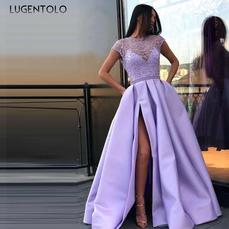 Lugentolo Party Dress Women Sexy Lace Hem Slit Light Purple Dresses Big Swing Short Sleeve Elegant Ladies Maxi Dress
Lugentolo Party Dress Women Sexy Lace Hem Slit Light Purple Dresses Big Swing Short Sleeve Elegant Ladies Maxi Dress