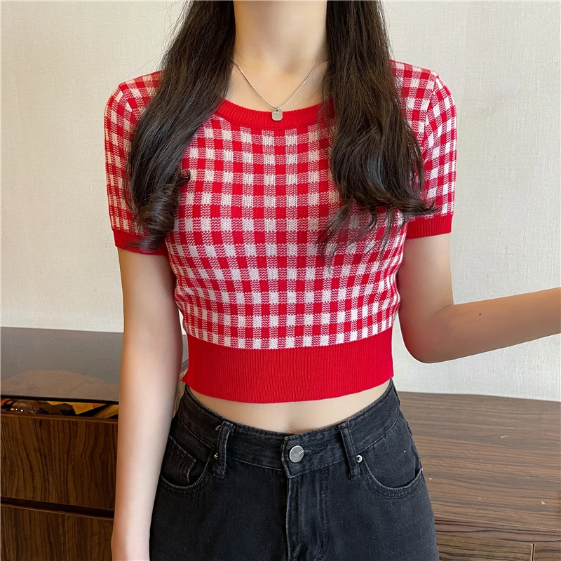 Korean Slim top Women Plaid Short Sleeve Knit T-Shirts O-Neck Thin Sweet Above Navel Tshirt Pullover Crop Top for Female Summer
Korean Slim top Women Plaid Short Sleeve Knit T-Shirts O-Neck Thin Sweet Above Navel Tshirt Pullover Crop Top for Female Summer
