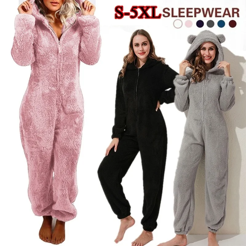 Women's Long-sleeved Hooded Faux Fur One-piece Pajamas To Keep Warm In Winter, Solid Color Cute Bear One-piece Ladies Home Wear
Women's Long-sleeved Hooded Faux Fur One-piece Pajamas To Keep Warm In Winter, Solid Color Cute Bear One-piece Ladies Home Wear
