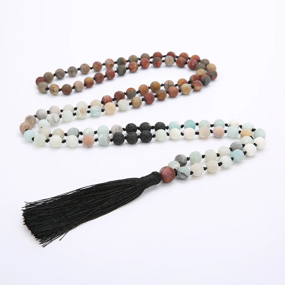 

8MM Beads Chakra Long 108 Mala Necklace Natural Stone Meditation Statement Japa Yoga Buddhist Rosary Prayer Charm Tassel Jewelry