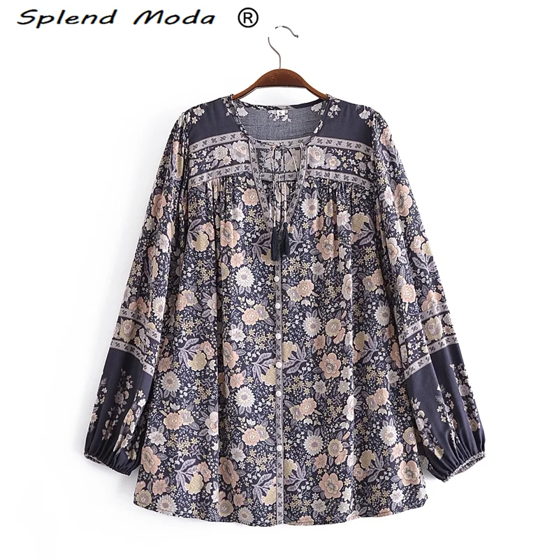 Блузка женская однобортная с принтом, V-образным вырезом и бахромой 
Блузка женская однобортная с принтом, V-образным вырезом и бахромой