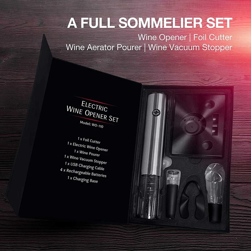 Electric Wine Opener Set Rechargeable Batteries and USB Charging Cable Electric Corkscrew Opener with Foil Cutter
Electric Wine Opener Set Rechargeable Batteries and USB Charging Cable Electric Corkscrew Opener with Foil Cutter