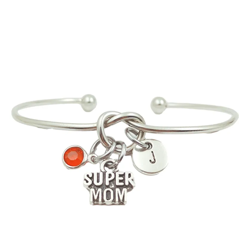

Super Mom Beauty Retro Creative Initial Letter Monogram Birthstone Adjustable Bracelet Fashion Jewelry Women Gift Pendant
