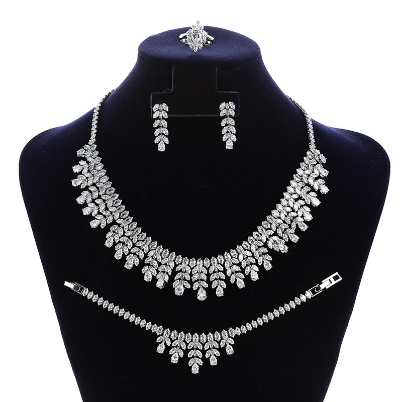 

Jewelry Set HADIYANA Charming Gougeous Leaves Shape Wedding Party Necklace Earrings Ring And Bracelet 4pcs Set BN7902 Bisuteria