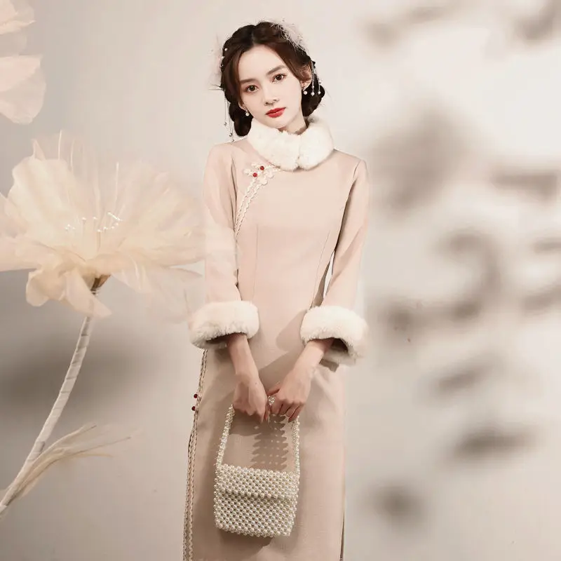 Elegant Women Woolen Chinese Traditional Dress Gown Plus Size 3xl Vintage Button Qipao Classical Mandarin Collar Cheongsam
Elegant Women Woolen Chinese Traditional Dress Gown Plus Size 3xl Vintage Button Qipao Classical Mandarin Collar Cheongsam