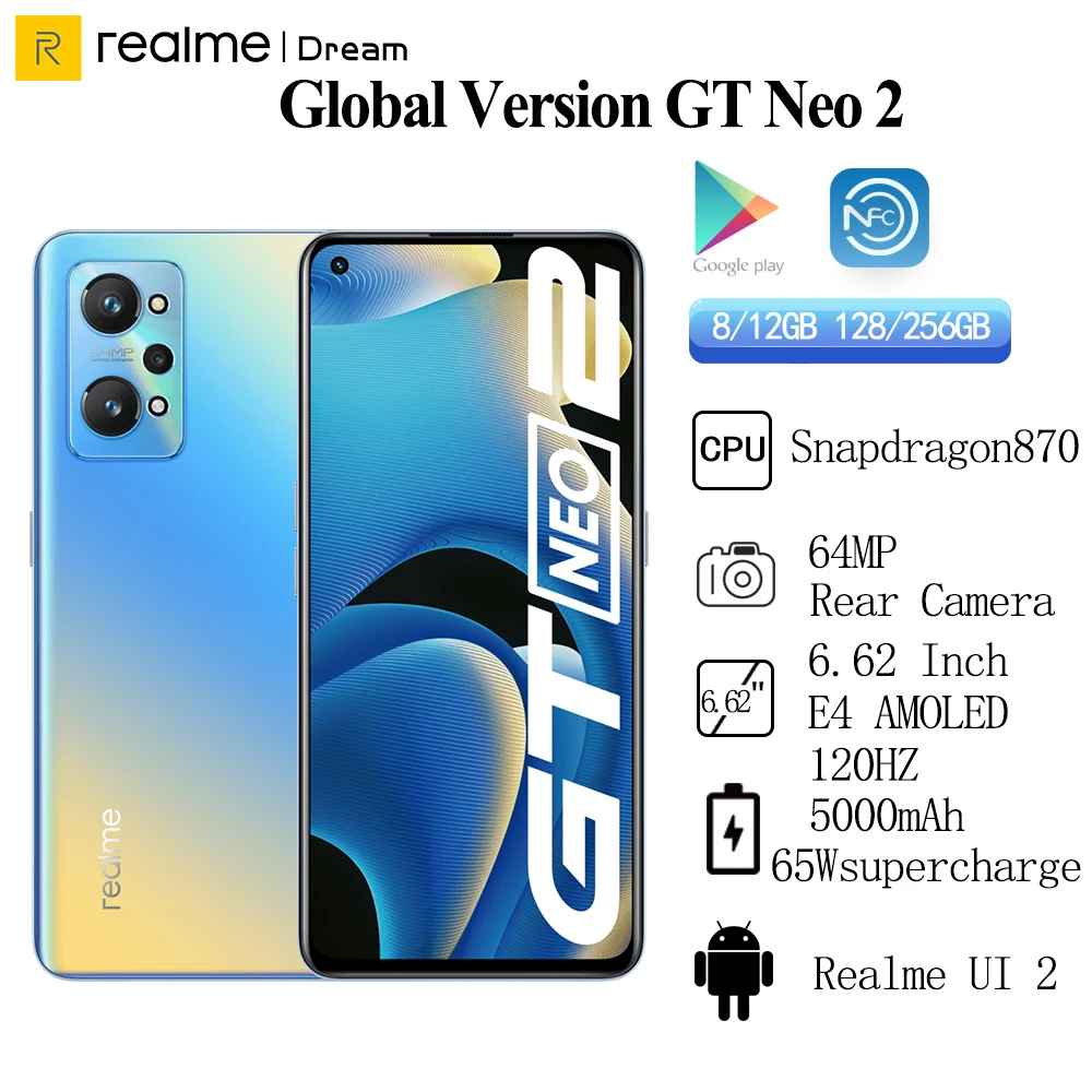 Смартфон глобальная версия Realme GT Neo 2 Snapdragon 6 62 120 дюйма Super AMOLED 5000 Гц камера 64 мп мАч