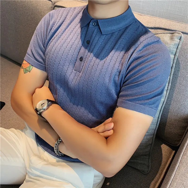 

Летняя мода рубашка-поло в полоску, мужская приталенная синяя одежда с отворотом и коротким рукавом, дышащая футболка-поло, Camisa Masculina Polo