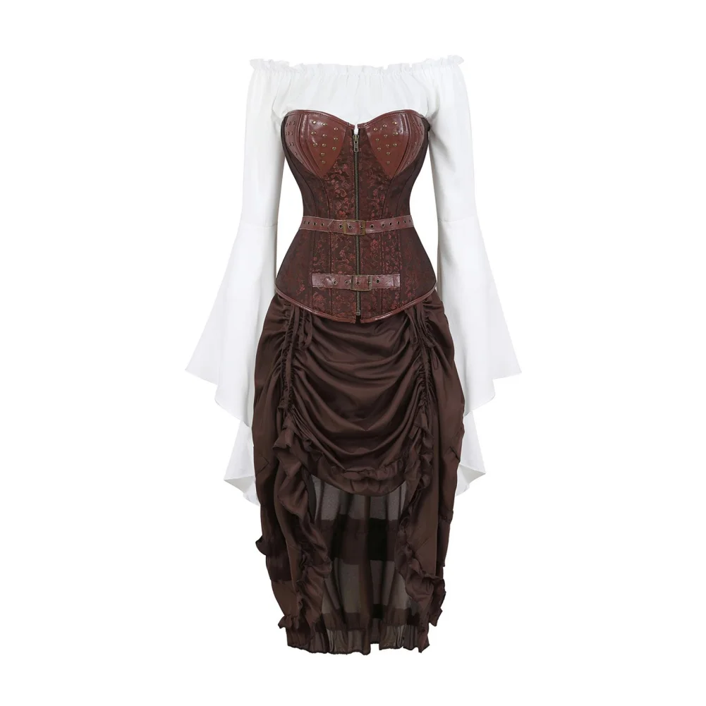 Платье-корсет в стиле стимпанк, коричневый жаккардовый корсет с белой блузкой с длинным рукавом и пиратской юбкой, костюм для бурлеска из 3 предметов 
Платье-корсет в стиле стимпанк, коричневый жаккардовый корсет с белой блузкой с длинным рукавом и пиратской юбкой, костюм для бурлеска из 3 предметов