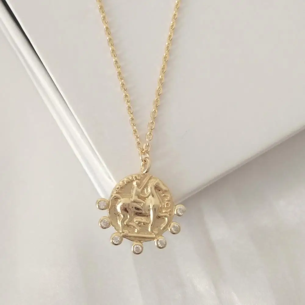 LOZRUNVE Gold Plated Knight Coin Necklace Jewelry Sterling Silver