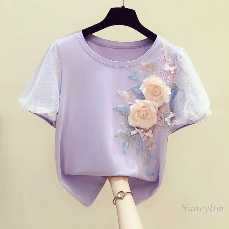 Handmade Three-Dimensional Embroidery Flower Mesh Puff Sleeve Round Neck T-shirt Woman 2021 Summer New Casual Top Students Tees
Handmade Three-Dimensional Embroidery Flower Mesh Puff Sleeve Round Neck T-shirt Woman 2021 Summer New Casual Top Students Tees