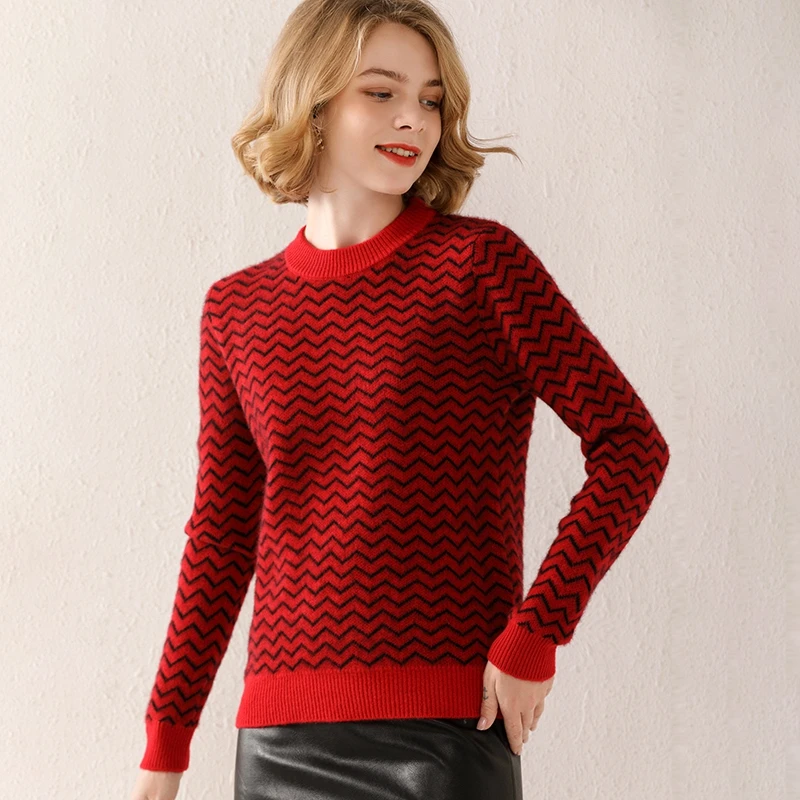 Women's Round Neck Wool Sweater Color Matching Wave Pattern Pullover Autumn Winter New Fashion Pure Wool Knitted Bottoming Shirt
Women's Round Neck Wool Sweater Color Matching Wave Pattern Pullover Autumn Winter New Fashion Pure Wool Knitted Bottoming Shirt