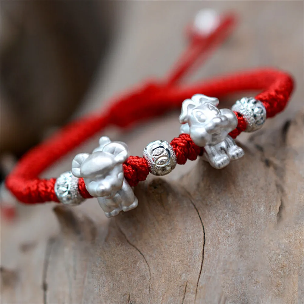 

Hot Sales 2019 Lucky Pure 999 Silver Animal Charm Hand Knitted Red Rope Three-in-six Chinese Zodiac Unisex Rope Chain Bracelet