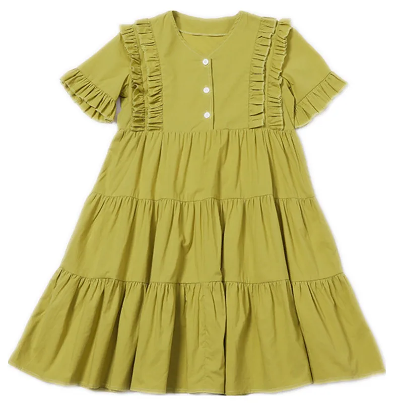 

6 to 16 years kids & teen girls summer v neck buttoned tiered flare cotton dress children girl fashion casual ruffle dresses