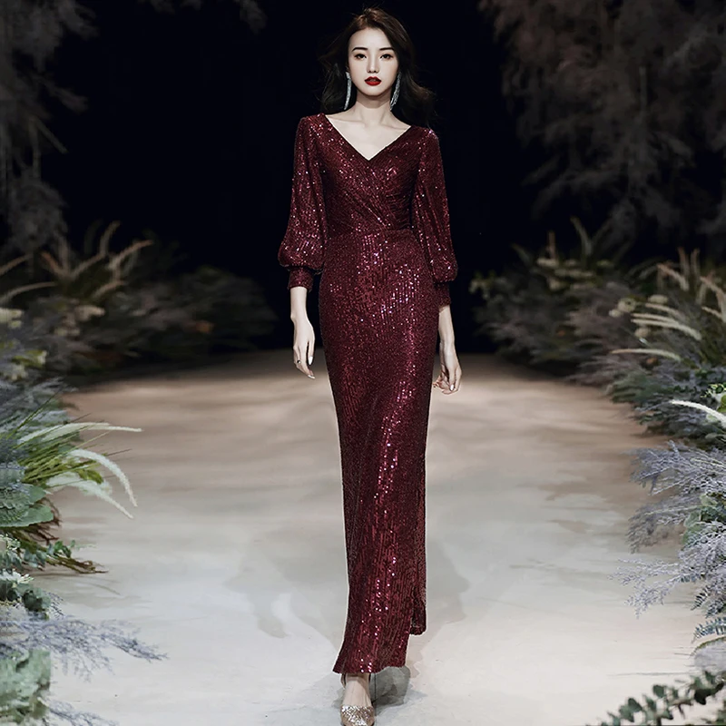 Lace Three Quarter Sleeve Deep V-Neck Evening Dress Sequins Ankle-Length Burgundy Mermaid Plus size Women Formal Party Gown C376 
Lace Three Quarter Sleeve Deep V-Neck Evening Dress Sequins Ankle-Length Burgundy Mermaid Plus size Women Formal Party Gown C376