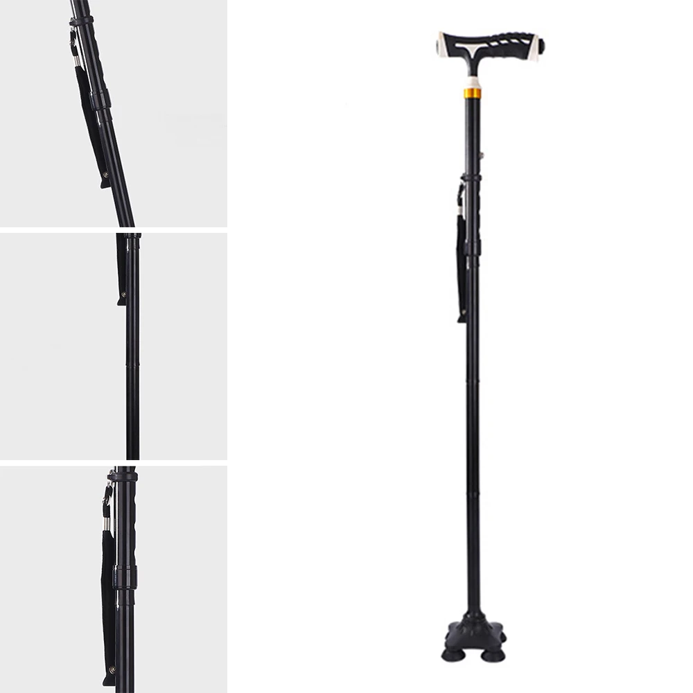 LED Light Folding Walking Stick Trekking T-handle Collapsible Telescopic Hiking Cane Four-legged With Lamp Non-slip Safe | Спорт и