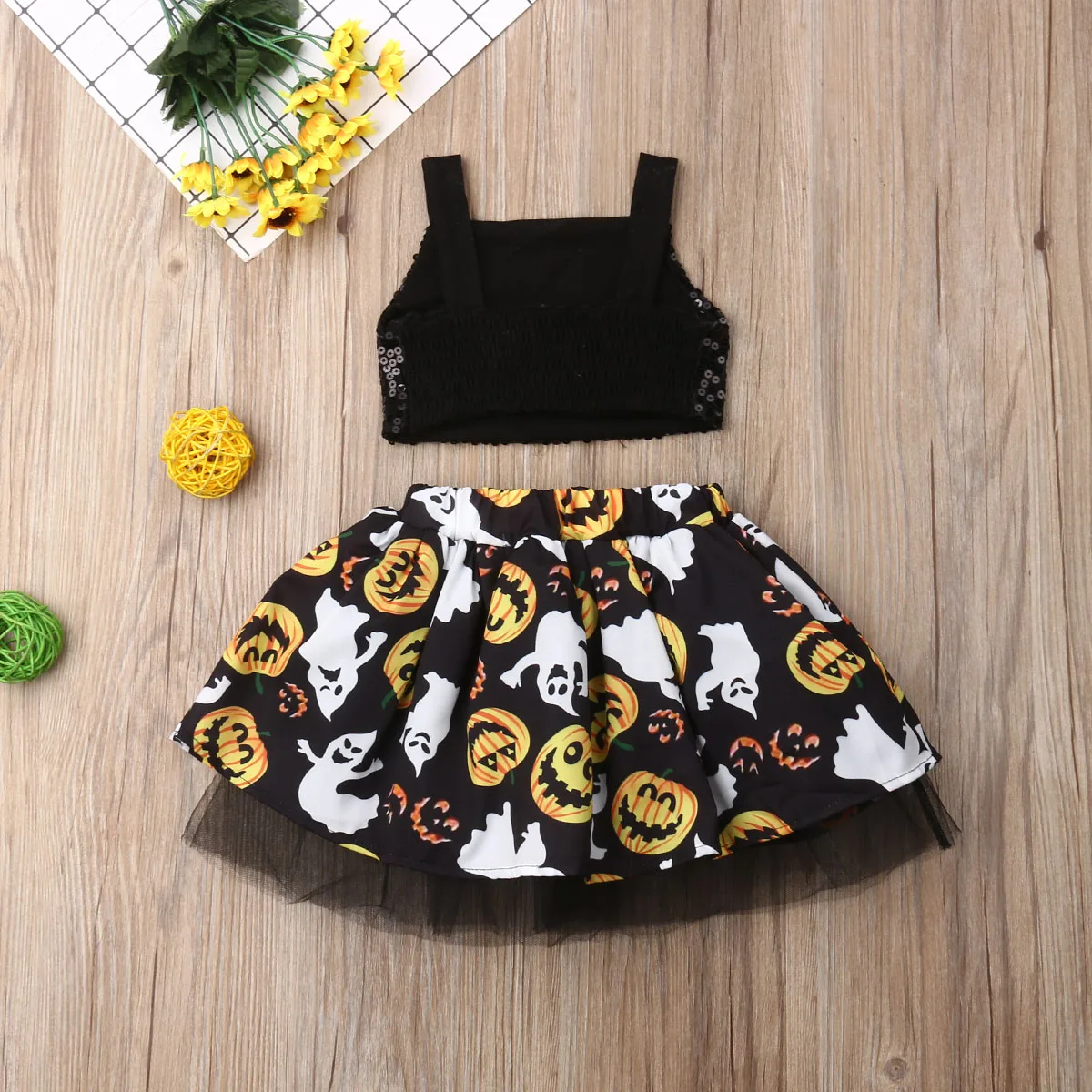 Cute Halloween Newborn Baby Girls Clothes Set Cartoon Sequins Crop Tops+Ball Gown Skirt 2Pcs Outfits Kids Pumpkin Print Costumes | Мать и