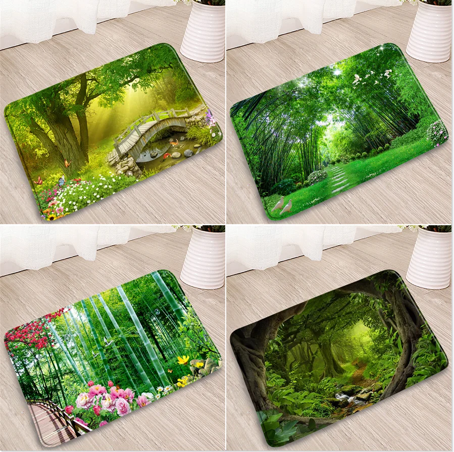 

Natural Scenery Bathroom Mat Waterfall Forest Plant Flower Bamboo Doormat Kitchen Bedroom Non-Slip Carpets Entrance Welcome Rug