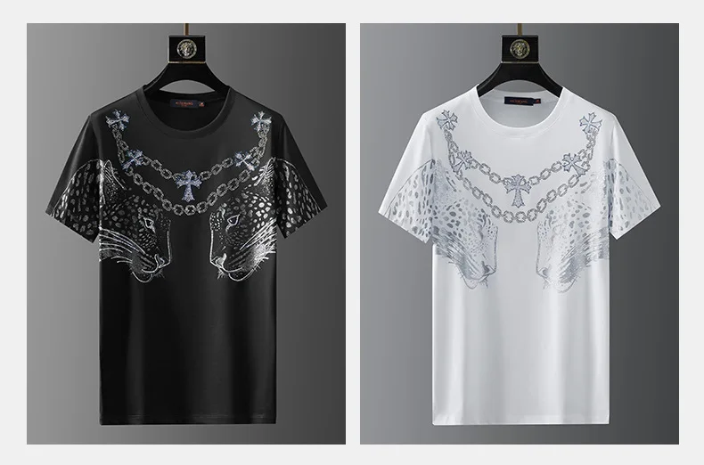 2021 summer new European leopard head print hot drill cotton short-sleeved T-shirt for men
2021 summer new European leopard head print hot drill cotton short-sleeved T-shirt for men