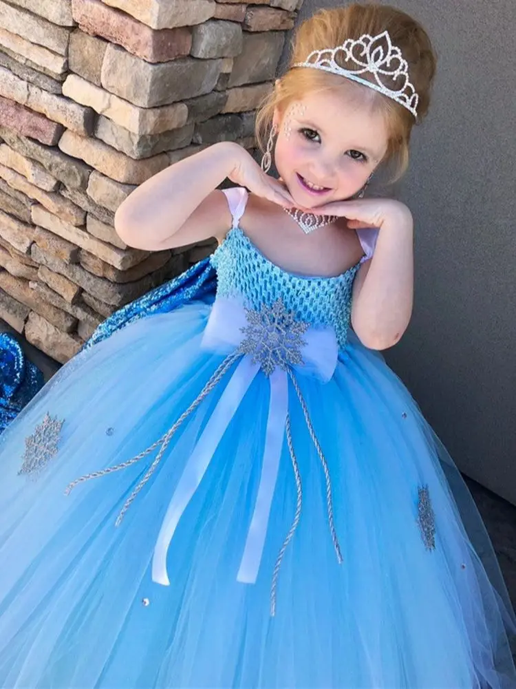 

Girls Anna Blue Tutu Dress Kids Crochet Tulle Dress Ball Gown with Silver Snow and Crown Children Party Costume Princess Dresses