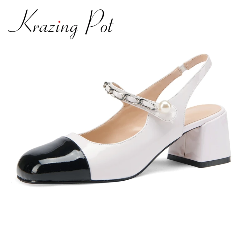 Krazing pot big size genuine leather round toe high heel mixed colors pearl chains energy buckle straps mules women sandals L9f2
Krazing pot big size genuine leather round toe high heel mixed colors pearl chains energy buckle straps mules women sandals L9f2