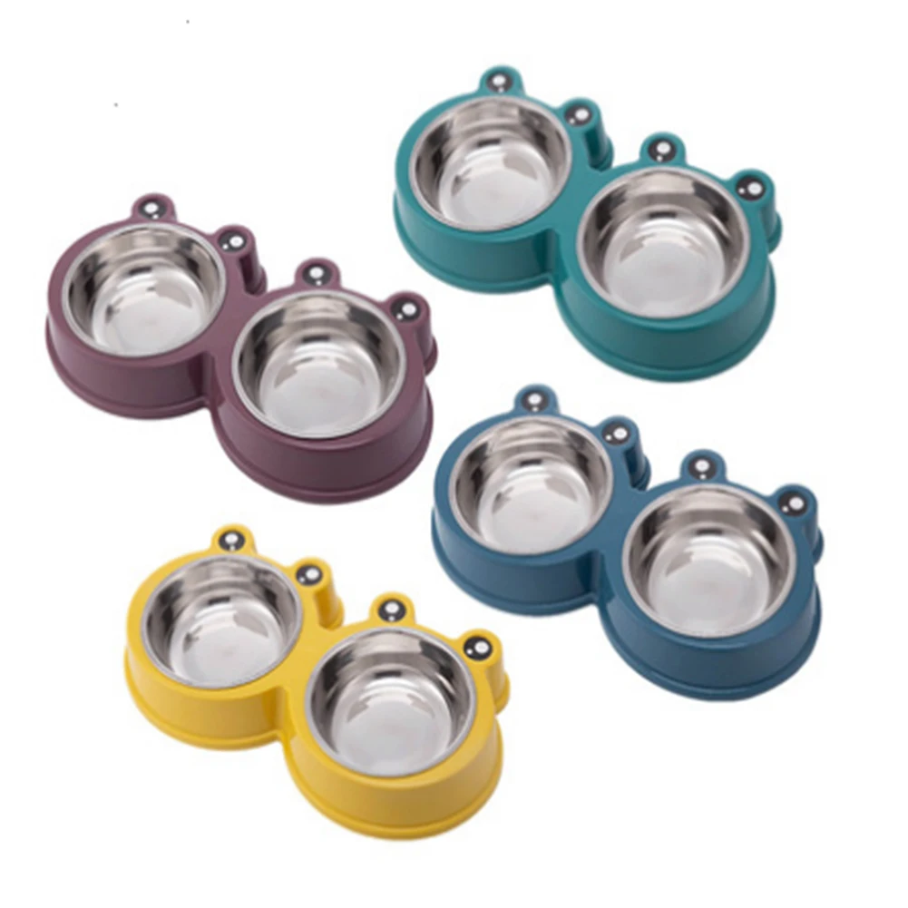 

Dog Supplies Pet Feeder Drinker New Cute Cat Bowl Dogs Bowls Frog Shape Stainless Steel Double Bowl Puppy Universal Pet Products