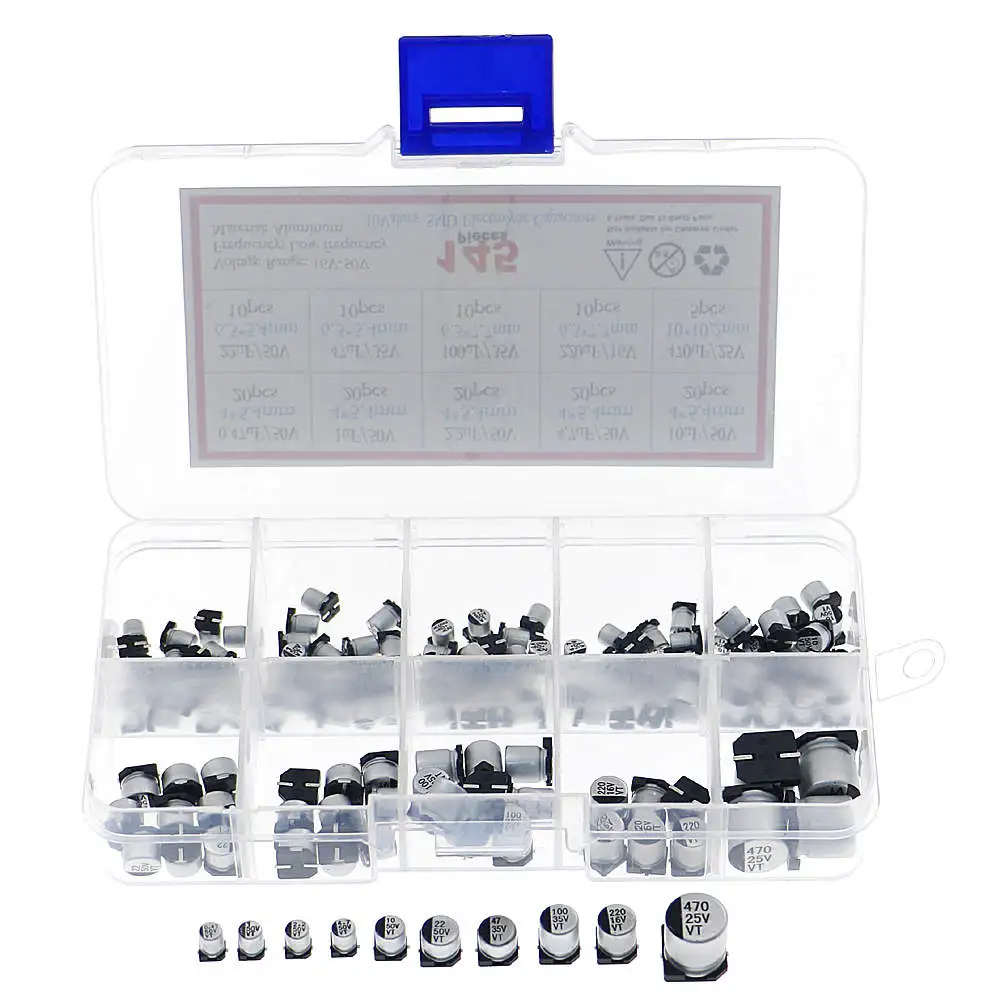 145Pcs 10 Values SMD 0.47 to 470uF Electrolytic Capacitor Assortment Kit For Electronic DIY Project
145Pcs 10 Values SMD 0.47 to 470uF Electrolytic Capacitor Assortment Kit For Electronic DIY Project
