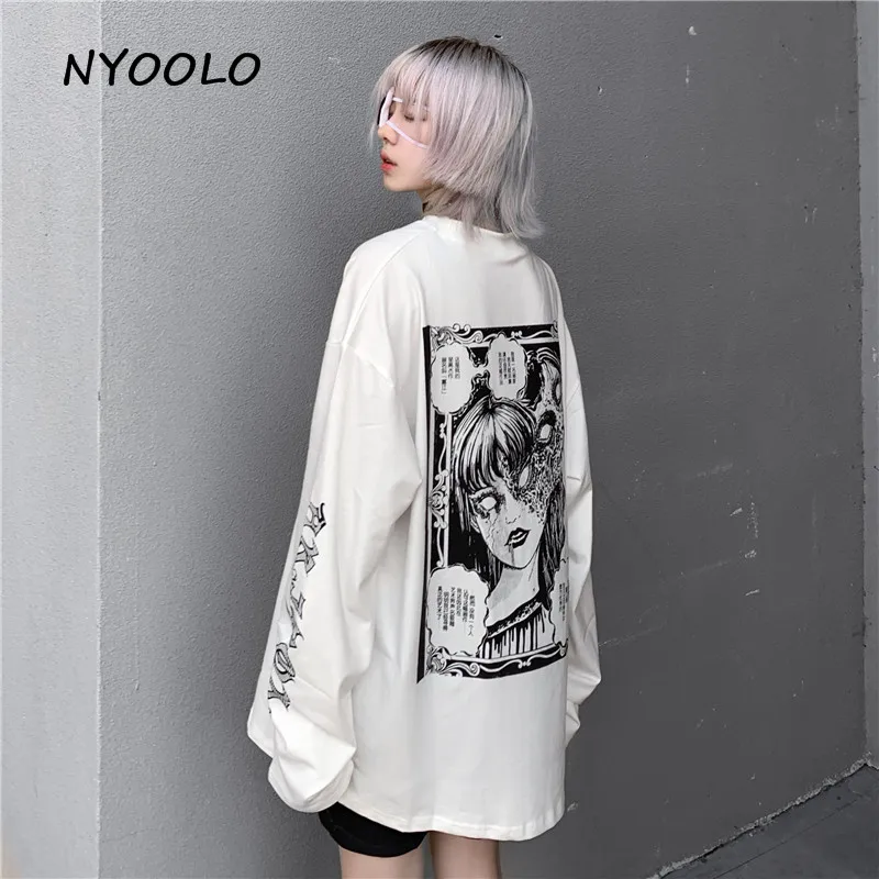 

NYOOLO Harajuku design Anime Tomie Horror letters Print tee shirt Autumn streetwear Loose Long Sleeve T-Shirt women clothing Top