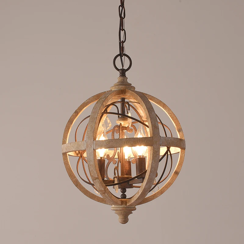 

American Country Wood Art Chandelier Wood Makes Old Sitting Room Dining-Room Bedroom Lamp Individual Character Of Old Round Ball