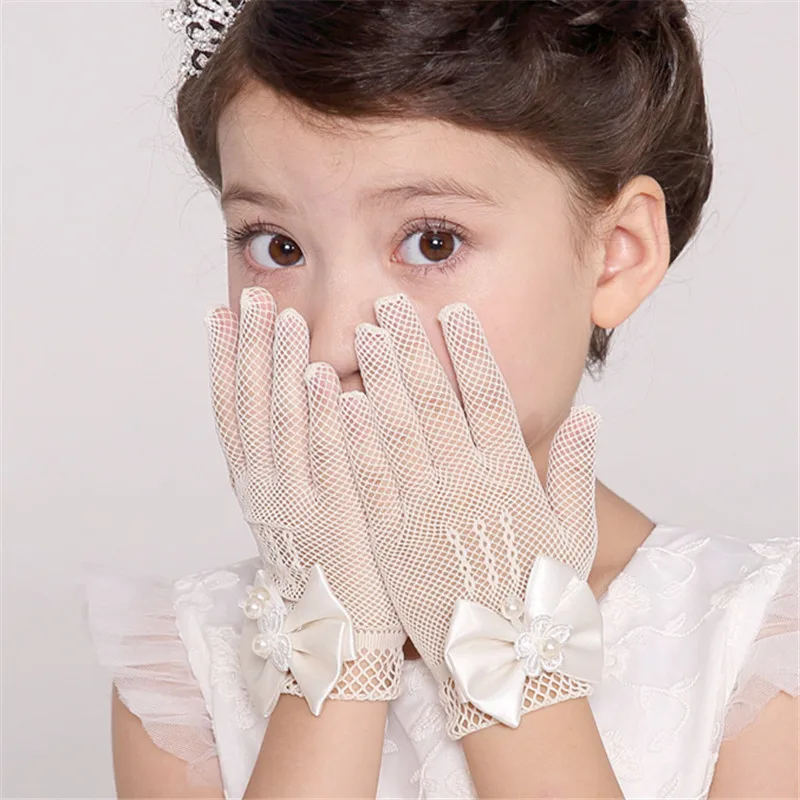 Детские Свадебные перчатки с цветочным рисунком для девочек Сетчатые эластичные