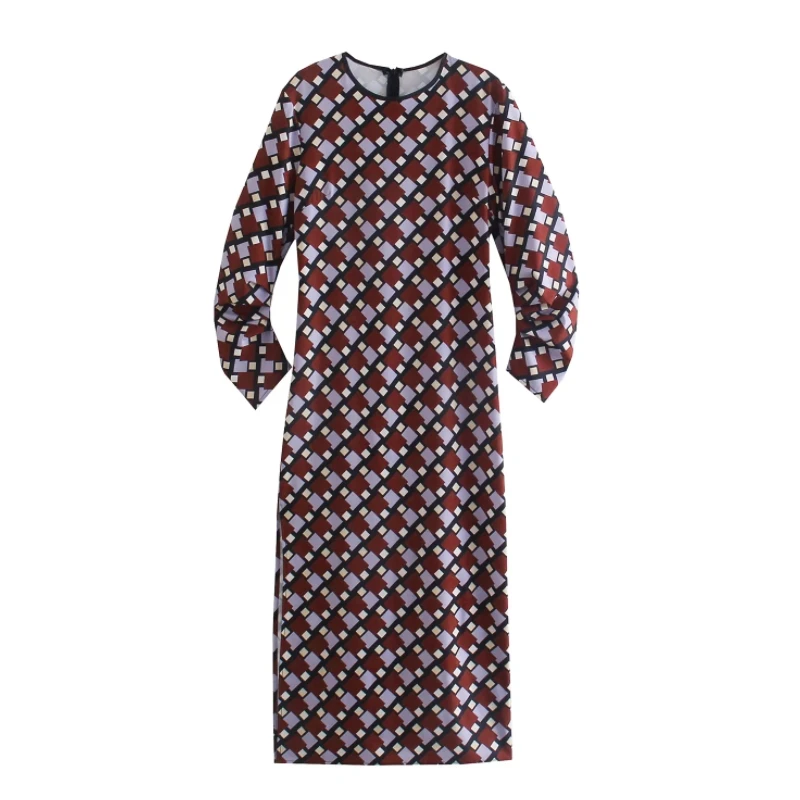 

Women Geometric Printing Side Slit Slim Midi Dress Female Nine Quarter Sleeve Clothes Casual Lady Vestido D8859