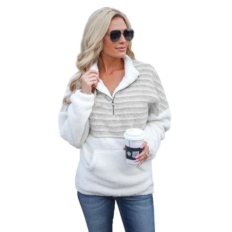Women's autumn and winter fashion plush new style V-neck zipper long-sleeved color matching warm sweater jacket
Women's autumn and winter fashion plush new style V-neck zipper long-sleeved color matching warm sweater jacket