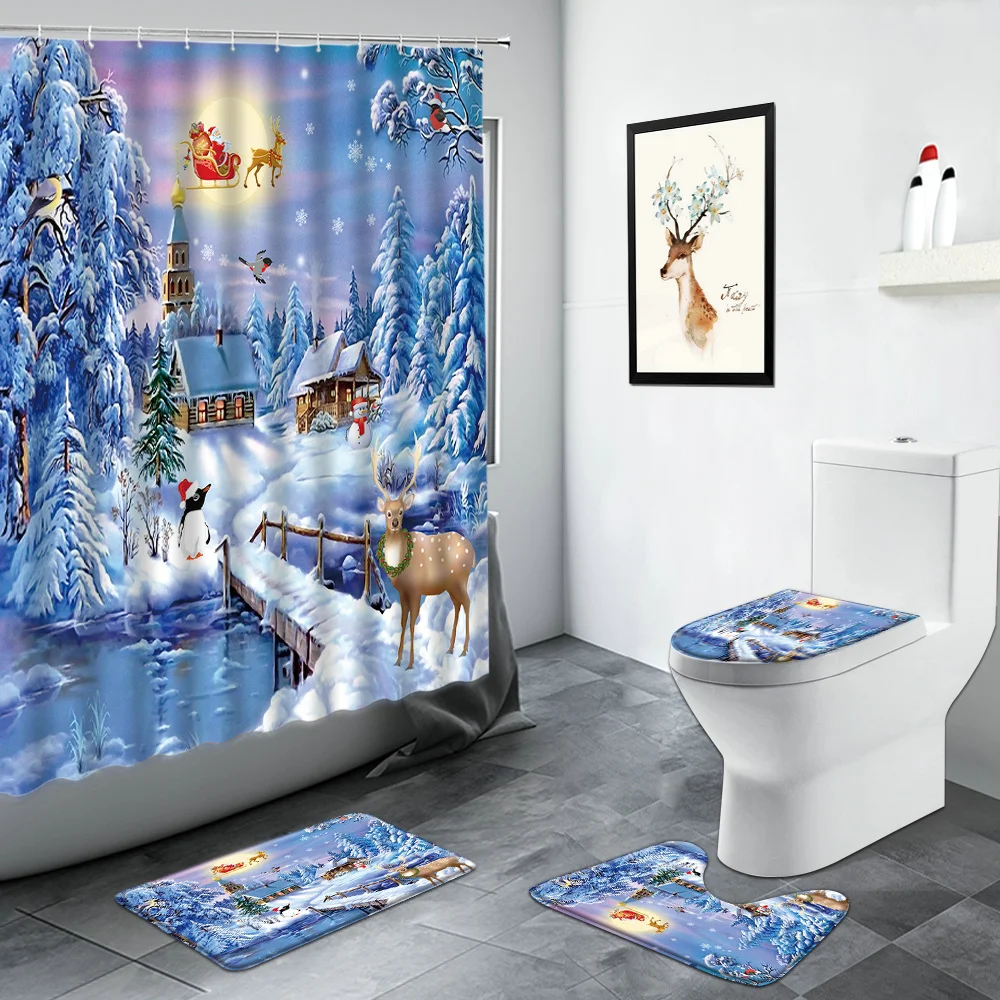 

Christmas Bathroom Decor Shower Curtains Bath Mats Sets Elk Cedar Winter Forest Landscape Door Rug Toilet Cover Non-slip Carpet