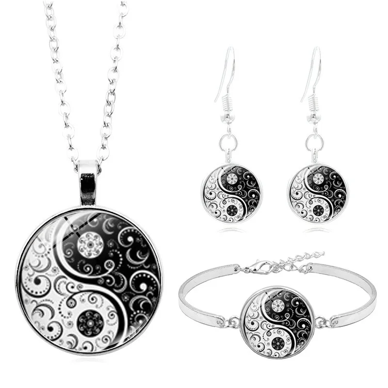 

Yin Yang Tai Chi Cabochon Glass Pendant Necklace Bracelet Bangle Earrings Jewelry Set Totally 4Pcs for Women's Fashion Jewelry