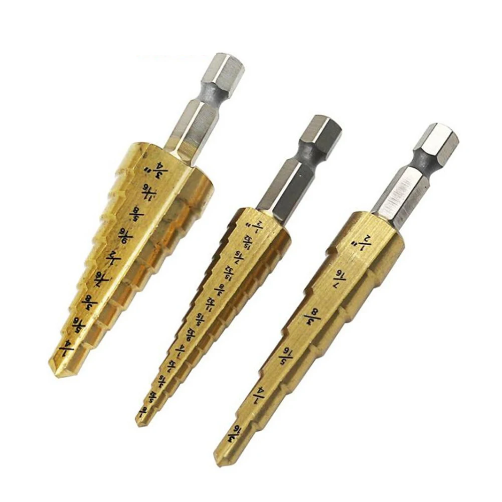 Gold 1/8 - 3/4\\\" Hex shank Step Drill Bit 3Pcs High speed steel Brand New