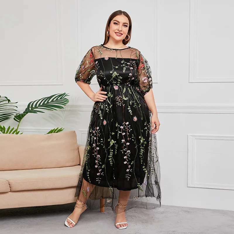 Plus Size Prom Dresses Women Mesh See Through Short Sleeve Embroidery Floral Elegant Party Dress Black Maxi Long Dresses
Plus Size Prom Dresses Women Mesh See Through Short Sleeve Embroidery Floral Elegant Party Dress Black Maxi Long Dresses