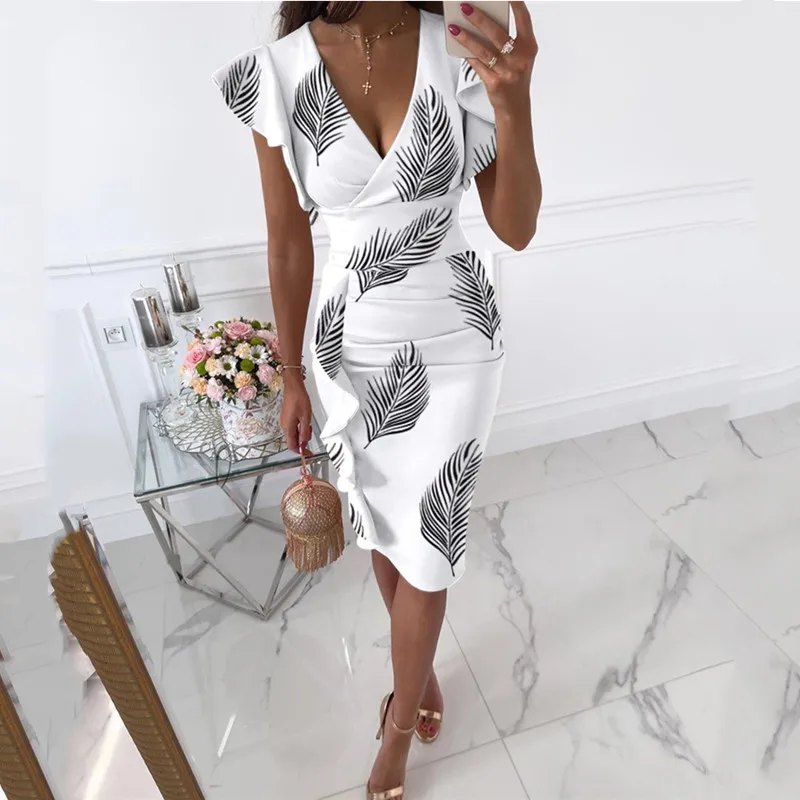 Bodycon Dress 2021 Summer Sexy Deep V-Neck Slim Waist Smocked Ruffled Hip Dress Office Lady Knee-Length Dresses For Women Robe
Bodycon Dress 2021 Summer Sexy Deep V-Neck Slim Waist Smocked Ruffled Hip Dress Office Lady Knee-Length Dresses For Women Robe