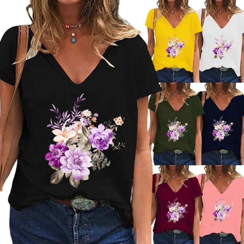 Women's New Summer Fashion Floral Printed T-shirt Casual Short Sleeve Deep V-neck Tee Solid Color Pullover Blouse Tops
Women's New Summer Fashion Floral Printed T-shirt Casual Short Sleeve Deep V-neck Tee Solid Color Pullover Blouse Tops