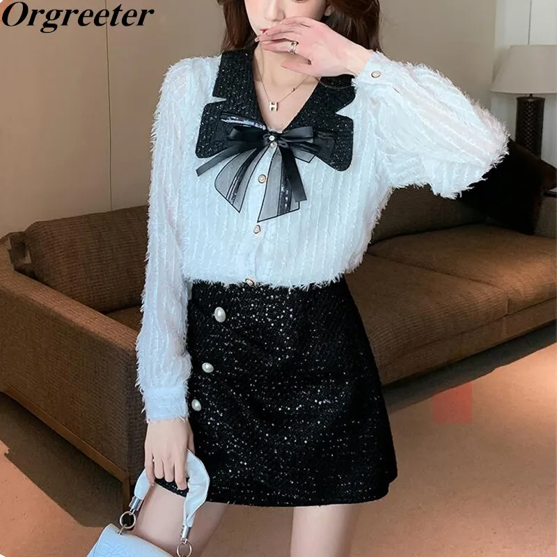 Autumn New Sweet Bow Sequined Lapel Long Sleeve Tassel Chiffon Blouse Shirt + Pearl Sequined Mini Skirt Two piece set Women 
Autumn New Sweet Bow Sequined Lapel Long Sleeve Tassel Chiffon Blouse Shirt + Pearl Sequined Mini Skirt Two piece set Women