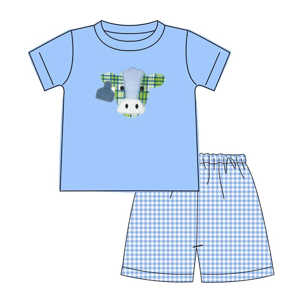Summer Clothes Blue Short Sleeve Top And Blue Plaid Shorts Green Plaid Cow Head Embroidery Pattern Boys Clothes
Summer Clothes Blue Short Sleeve Top And Blue Plaid Shorts Green Plaid Cow Head Embroidery Pattern Boys Clothes