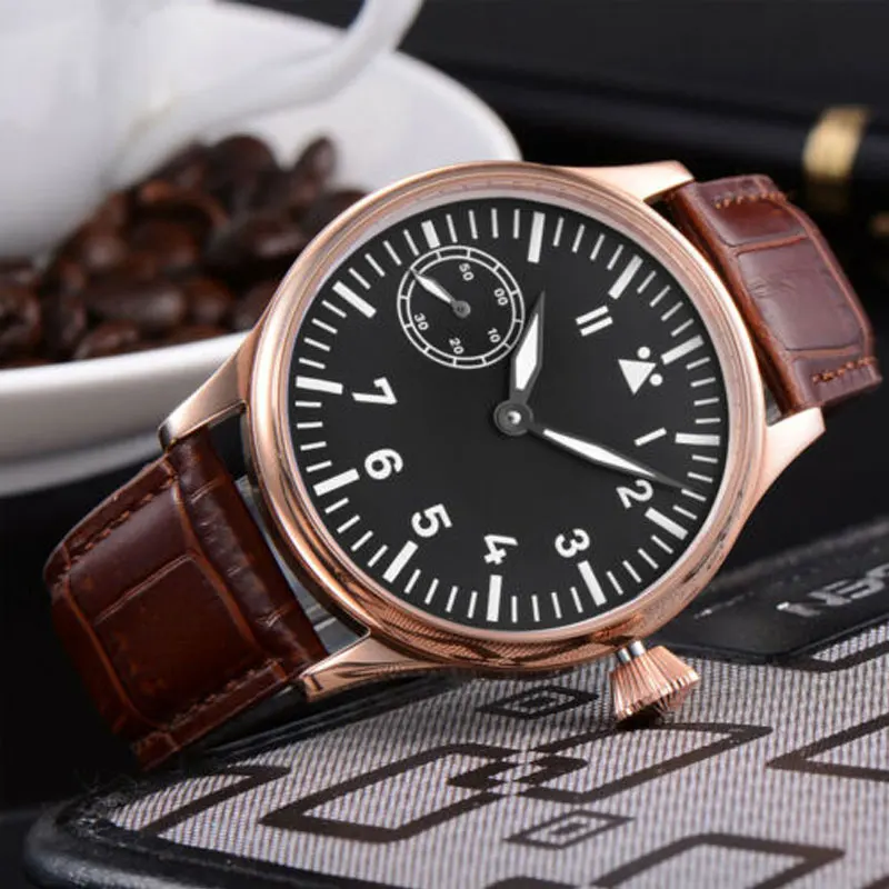 44mm Mens Watch Hands Winding 6497 Movement Rosegole Case Super Luminous Dial 316L SS Cowhide Manual Mechanical Wristwatches Men
44mm Mens Watch Hands Winding 6497 Movement Rosegole Case Super Luminous Dial 316L SS Cowhide Manual Mechanical Wristwatches Men