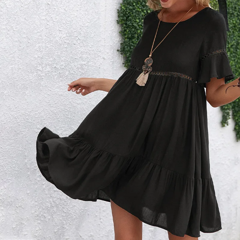 Женское ажурное мини-платье с оборками, свободные черные платья с круглым вырезом и коротким рукавом, повседневная офисная одежда, лето 2021 
Женское ажурное мини-платье с оборками, свободные черные платья с круглым вырезом и коротким рукавом, повседневная офисная одежда, лето 2021
