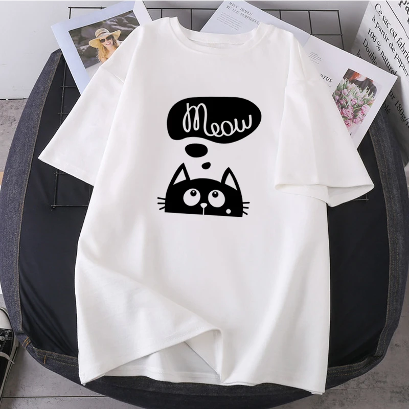 Meow Funny Cat Camisetas Fashion Shorts Sleeve Tops Tees Hip Hop O-neck Lady Clothes K-pop Shirts Casual Leisure Female T-shirts | Женская