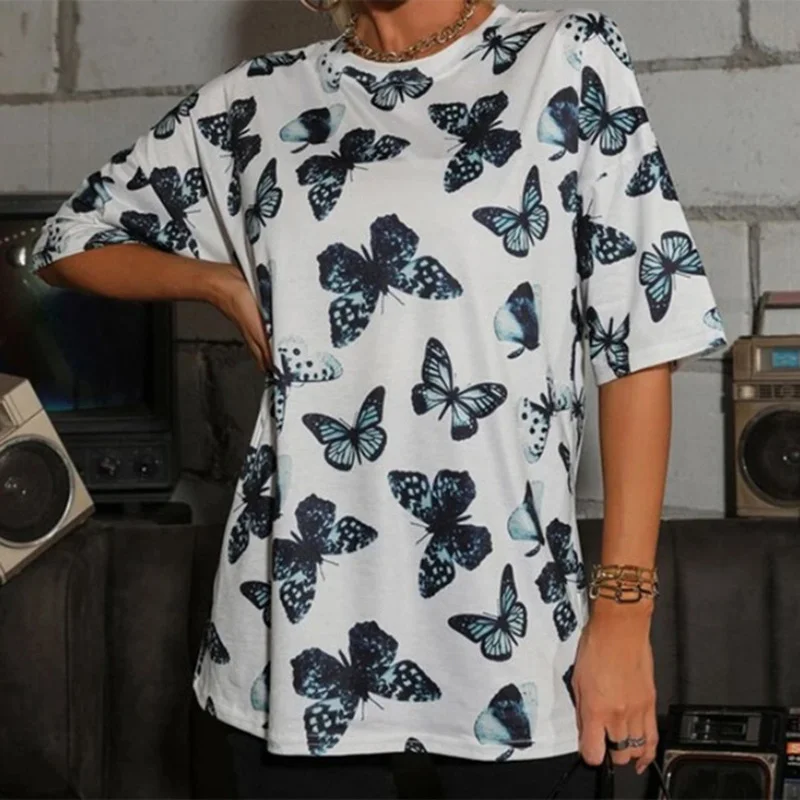 Футболка женская оверсайз с принтом бабочки, короткий топ с круглым вырезом в стиле Харадзюку, Повседневная Уличная одежда, рубашка на бедр... 
Футболка женская оверсайз с принтом бабочки, короткий топ с круглым вырезом в стиле Харадзюку, Повседневная Уличная одежда, рубашка на бедр...