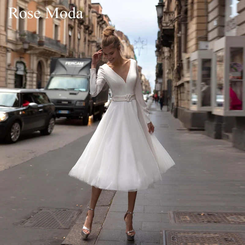 Rose Moda Deep V Neck Long Sleeves Tea Length Wedding Dress Destination Bridal Gown Custom Make
Rose Moda Deep V Neck Long Sleeves Tea Length Wedding Dress Destination Bridal Gown Custom Make