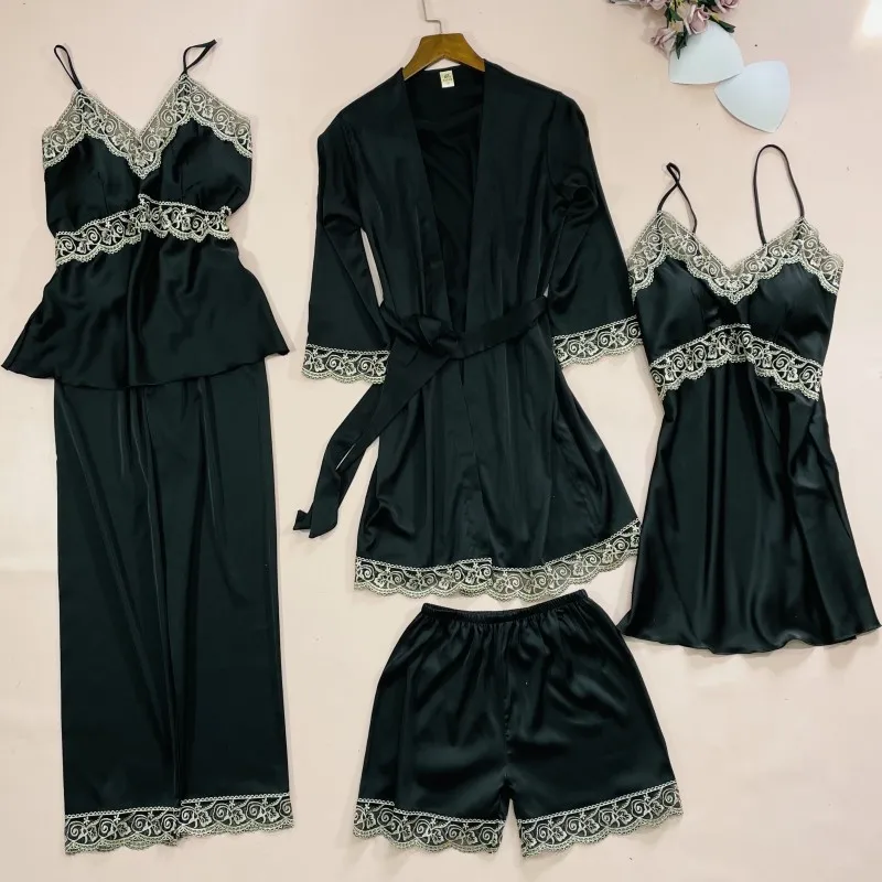 5 Pieces Lace Pajamas Suit Women Sleepwear Hollow Out Summer Satin Ice Silk Sexy Kimono Robe Gown Perspective Thin Home Clothes
5 Pieces Lace Pajamas Suit Women Sleepwear Hollow Out Summer Satin Ice Silk Sexy Kimono Robe Gown Perspective Thin Home Clothes
