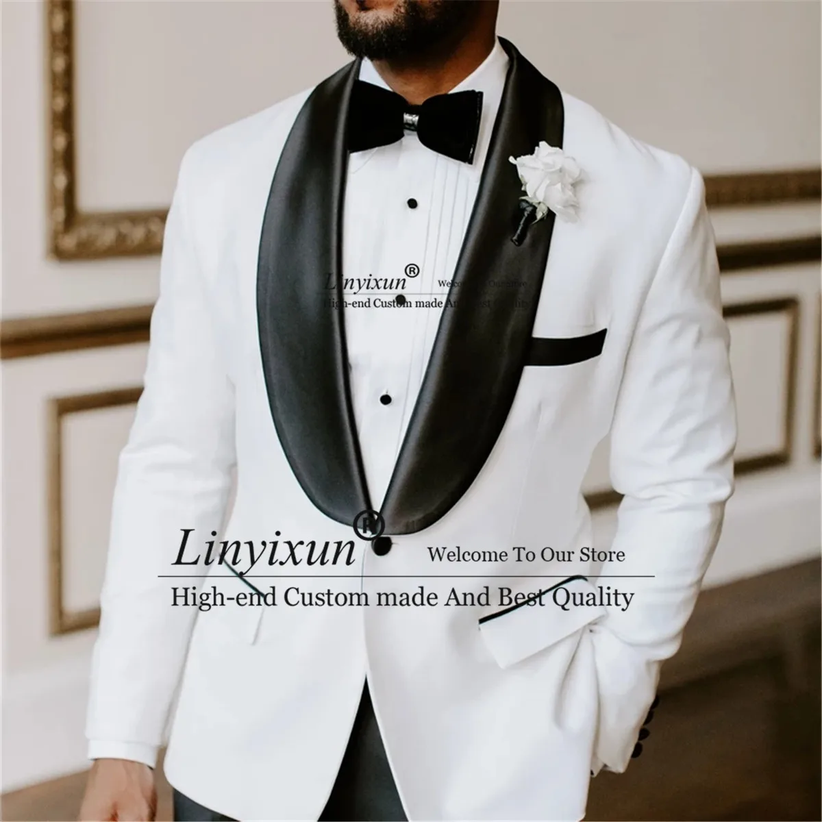 White Slim Fit Men Suits 2 Piece Jacket Pant Black Shawl Lapel Prom Tuxedo Wedding Groom Terno Masculino Blazers Costume Homme
White Slim Fit Men Suits 2 Piece Jacket Pant Black Shawl Lapel Prom Tuxedo Wedding Groom Terno Masculino Blazers Costume Homme