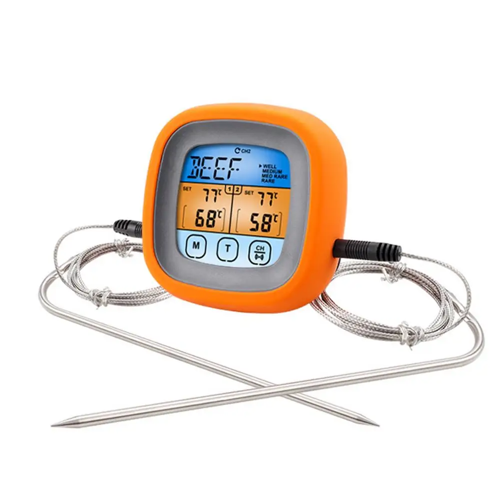 

Мгновенный термометр для мяса, цифровой термометр для мяса для гриля, барбекю, пищи, термометр с 2 щупами, сенсорным экраном и ЖК-подсветкой
