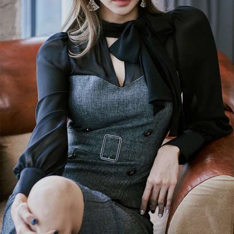 Spring New Korean Style Women's V-Neck Long Sleeve Patchwork Double-Breasted Dress Bow Lace-Up Office Lady Slim Bodycon Dress
Spring New Korean Style Women's V-Neck Long Sleeve Patchwork Double-Breasted Dress Bow Lace-Up Office Lady Slim Bodycon Dress