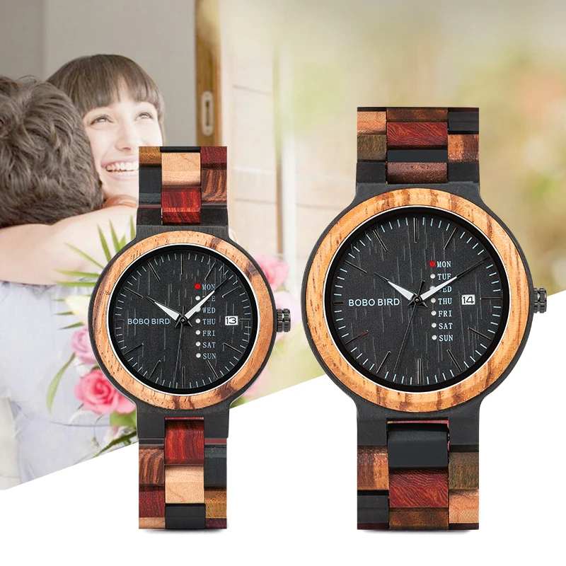 

BOBO BIRD P14 Wood Watch Lover Couple Watches Men Women Quartz Week Date Timepiece Colorful Wooden Band logo Customize Gitfs